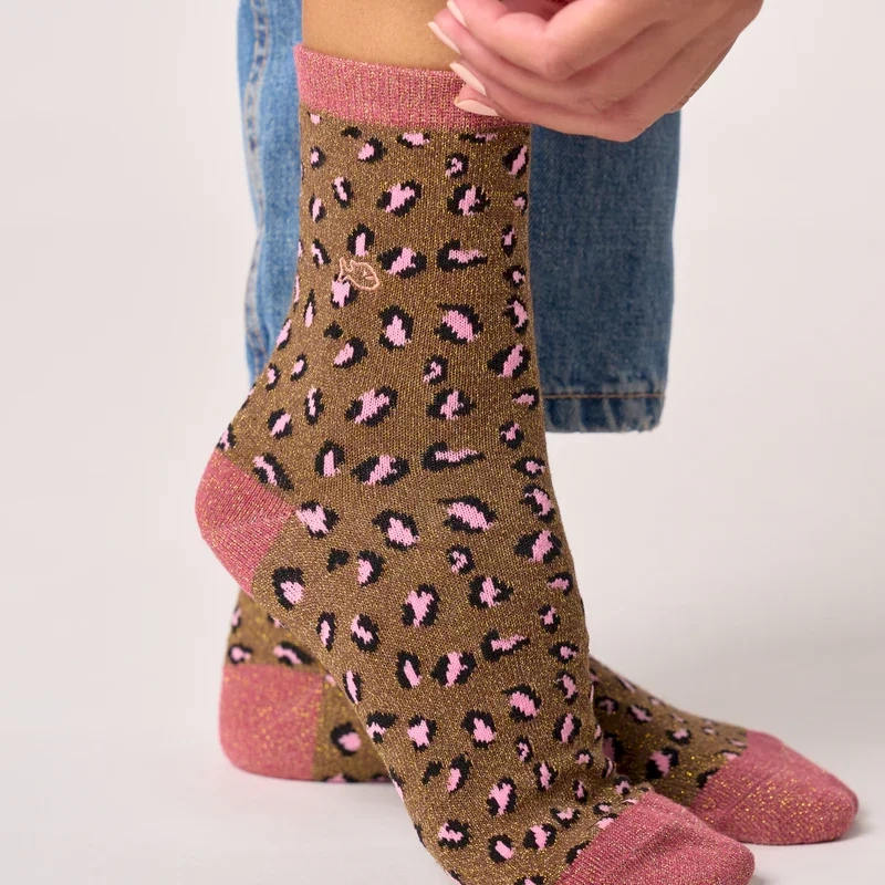 Chaussettes pailletées en coton peigné léopard - Marron et rose Prix de vente 37-40