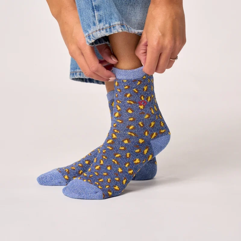 Chaussettes pailletées en coton peigné léopard - Marine 37-40