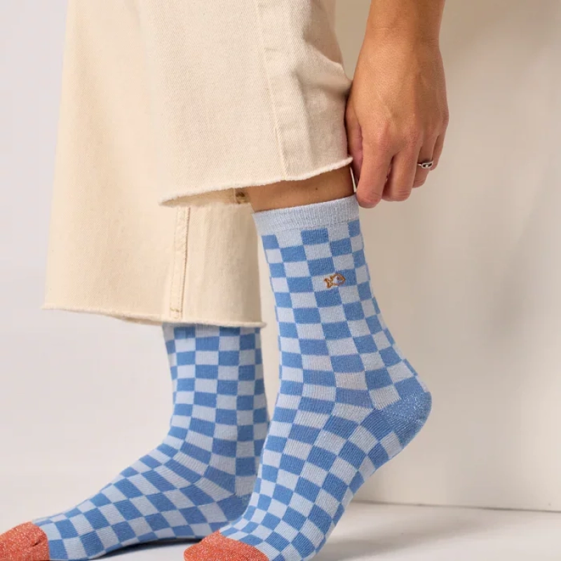 Chaussettes en coton peigné à carreaux - Bleu clair 37-40