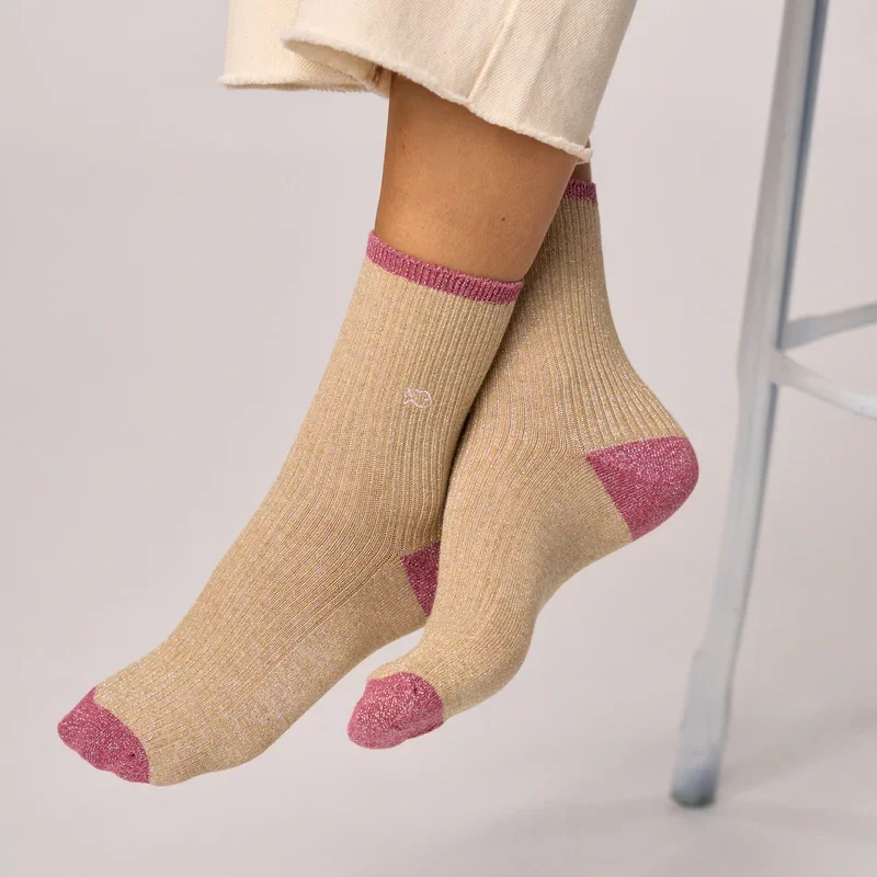 Chaussettes pailletées en coton peigné vintage - Beige 37-40