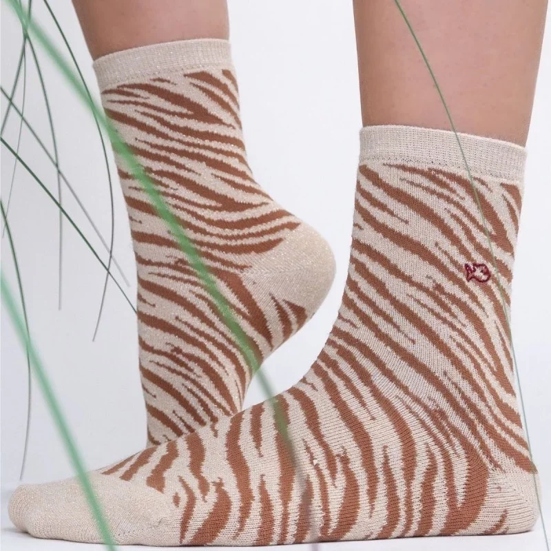 CHAUSSETTES PAILLETÉES EN COTON PEIGNÉ ZÈBRE - BEIGE TAILLE 37-40