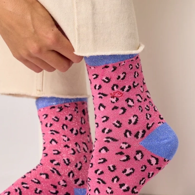 Chaussettes pailletées en coton peigné léopard - Rose et bleu 37-40