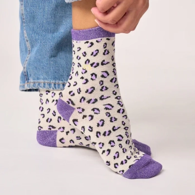 Chaussettes pailletées en coton peigné léopard - Écru et violet 37-40