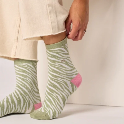 Chaussettes pailletées en coton peigné zèbre - Vert et blanc 37-40