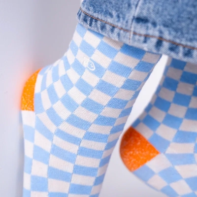 Chaussettes en coton peigné à carreaux - Beige et bleu clair 37-40